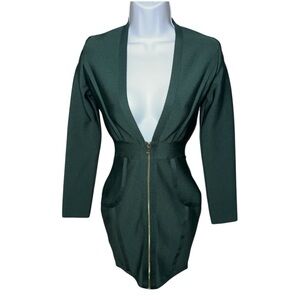 Women’s Adyce Emerald Green Long Sleeve Deep V Bandage Dress- S